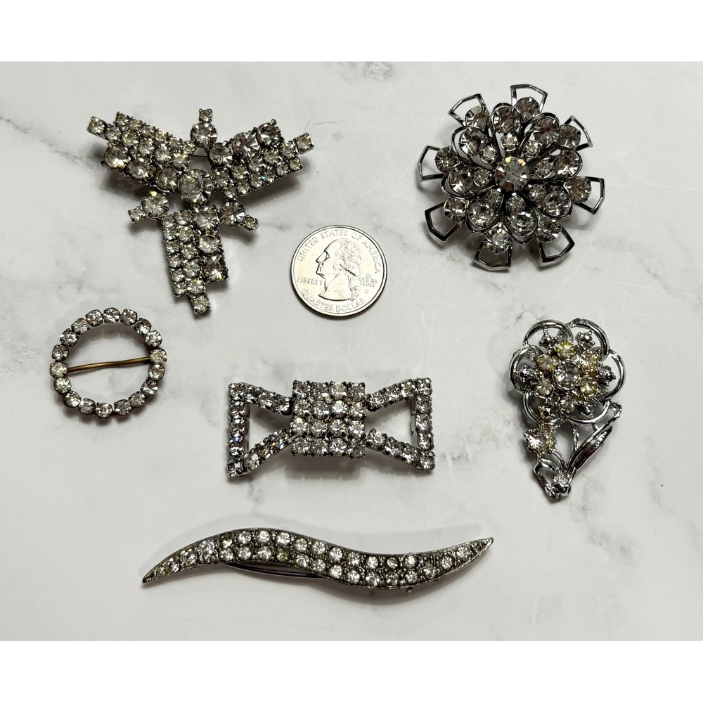 Vintage Rhinestone Brooch Lot 6pc Silver Tone Crystal Floral Bow Sunburst Pins - Picture 4 of 4